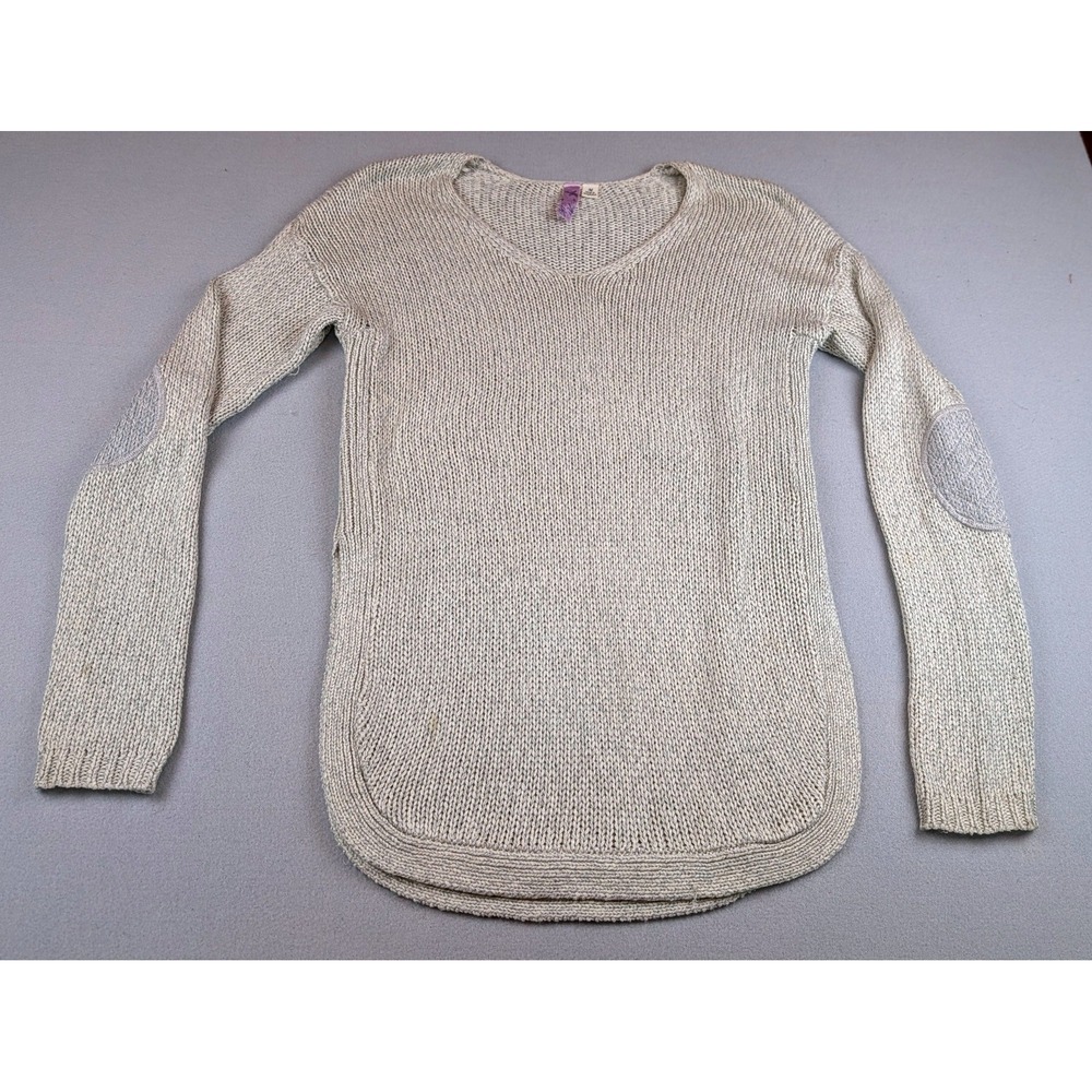 Alya V-Neck Sweater Womens Medium Oatmeal Beige Knit Elbow Patches High Low Hem